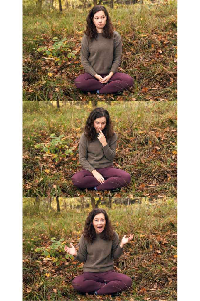 3 images of a young white woman in her 20s sitting on the ground in a forest, in a meditation seat. In the first image she notices something off screen, pondering, in the second image she is deep in thought, in the third image she has her arms opened wide and  she is smiling. 