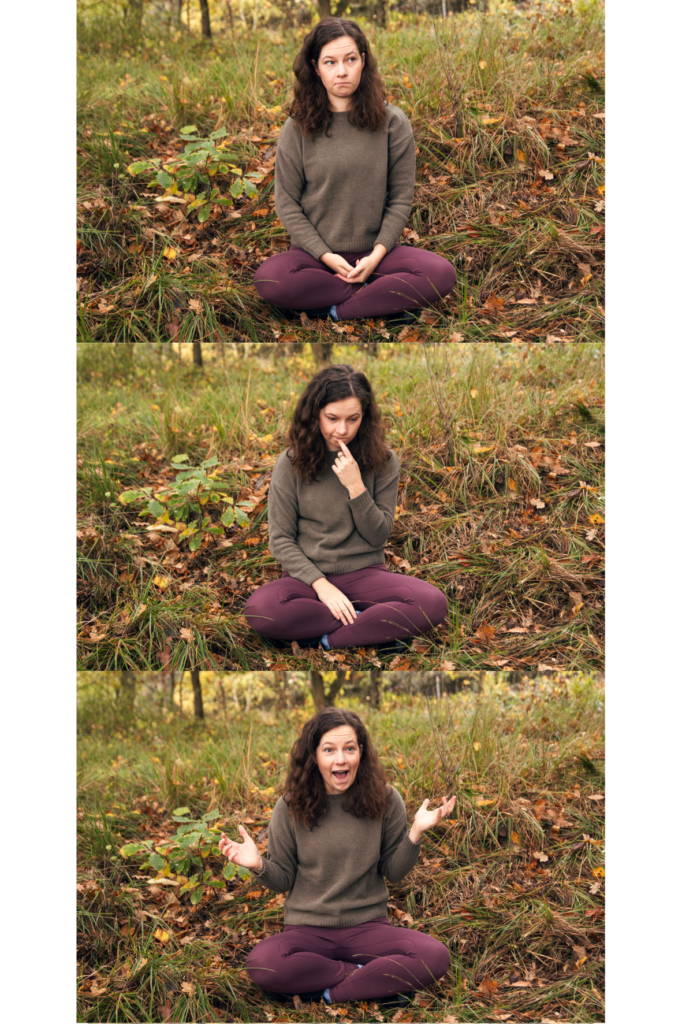 3 images of a young white woman in her 20s sitting on the ground in a forest, in a meditation seat. In the first image she notices something off screen, pondering, in the second image she is deep in thought, in the third image she has her arms opened wide and  she is smiling. 